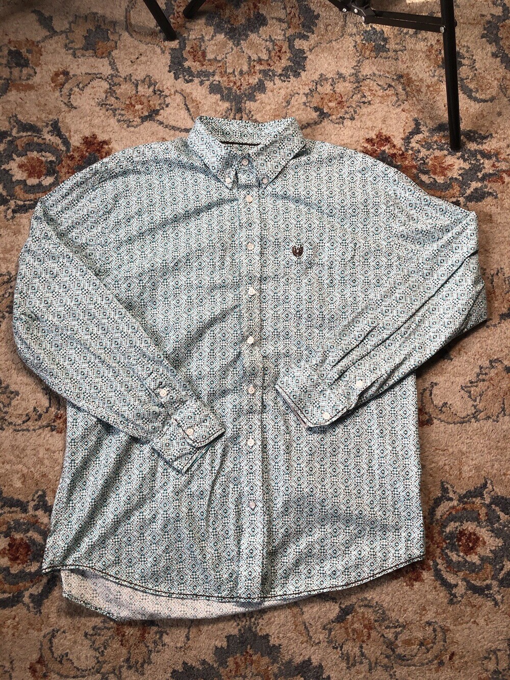 Panhandle Shirt Mens XL Blue Rough Stock Button Up Geometric Flip Cuff Cowboy